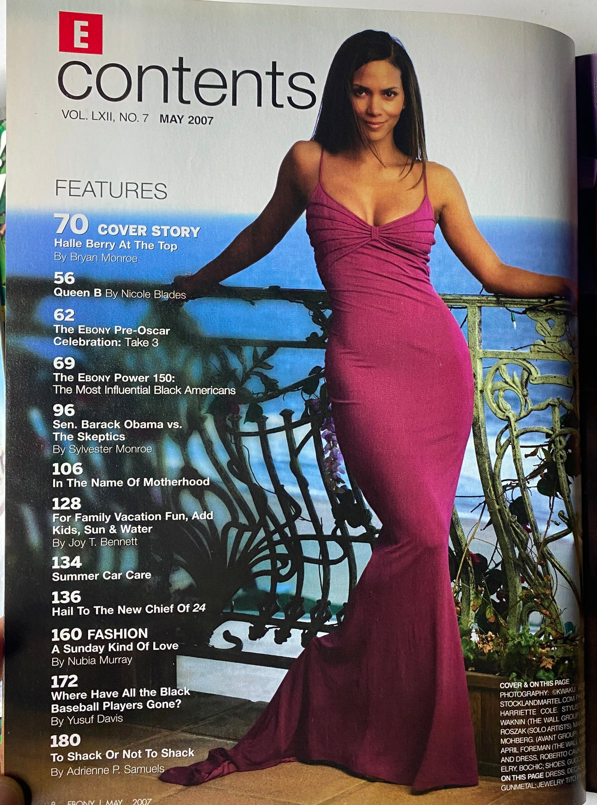 Contents page of Ebony Magazine May 2007 Vol. LXII, No. 7 with features including Halle Berry's cover story and cultural discussions.
