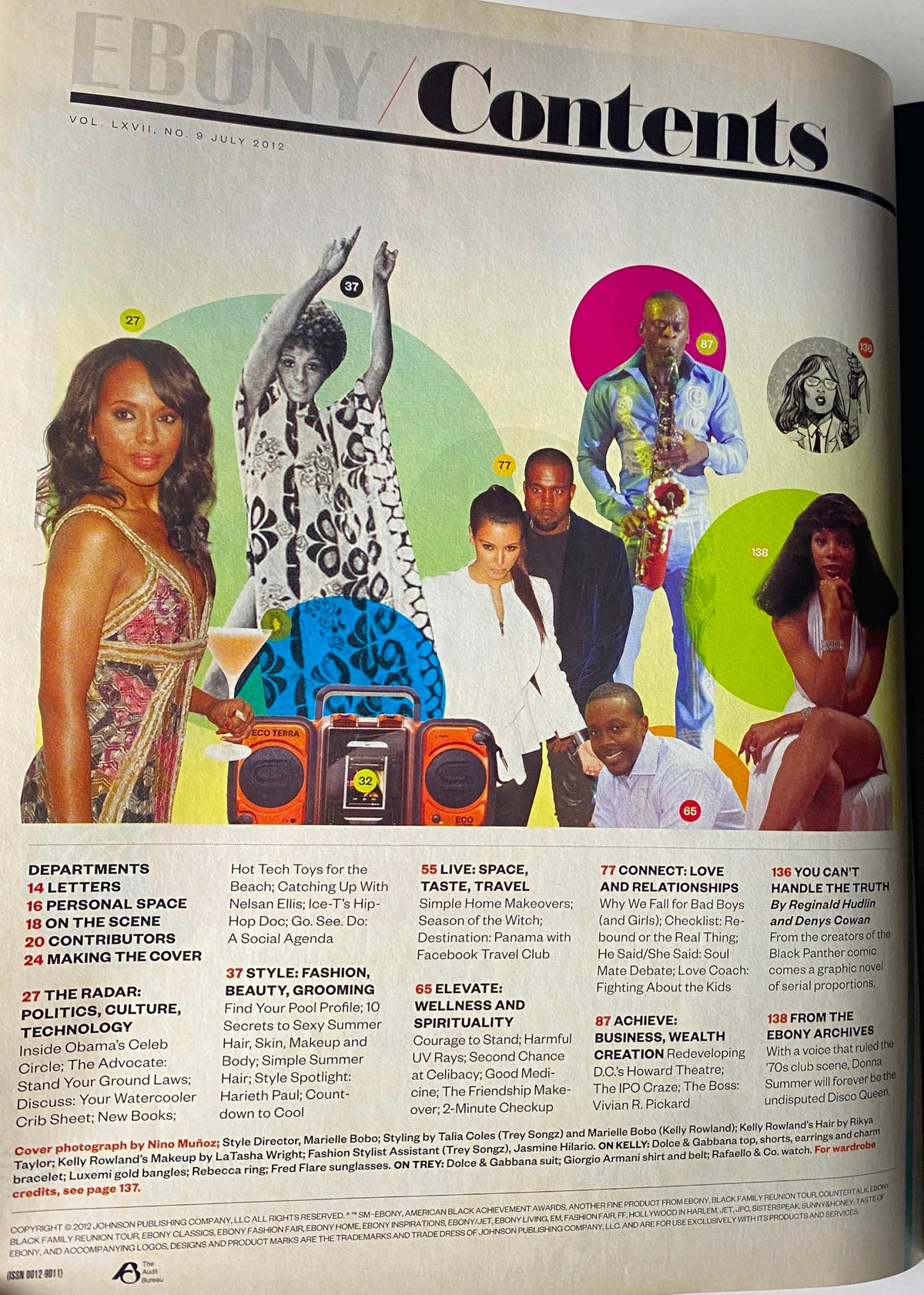 Second contents page of Ebony Magazine July 2012, showing features on style, politics, and technology, alongside images of cultural icons.