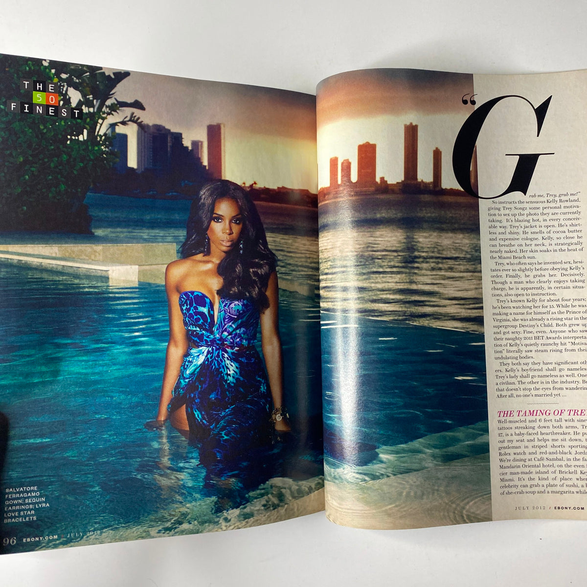 Feature article from Ebony Magazine July 2012 showcasing Kelly Rowland in elegant swimwear by the pool, emphasizing summer fashion and beauty.
