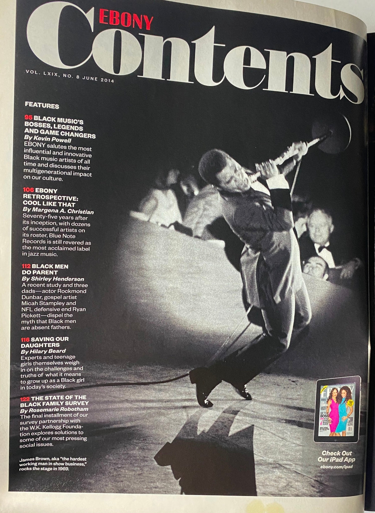 Ebony Magazine June 2014 Vol. LXIX, No. 8 featuring a dynamic black and white photograph of a male musician performing passionately on stage. The image illustrates the theme 'Black Music's Bosses, Legends and Game Changers'.
