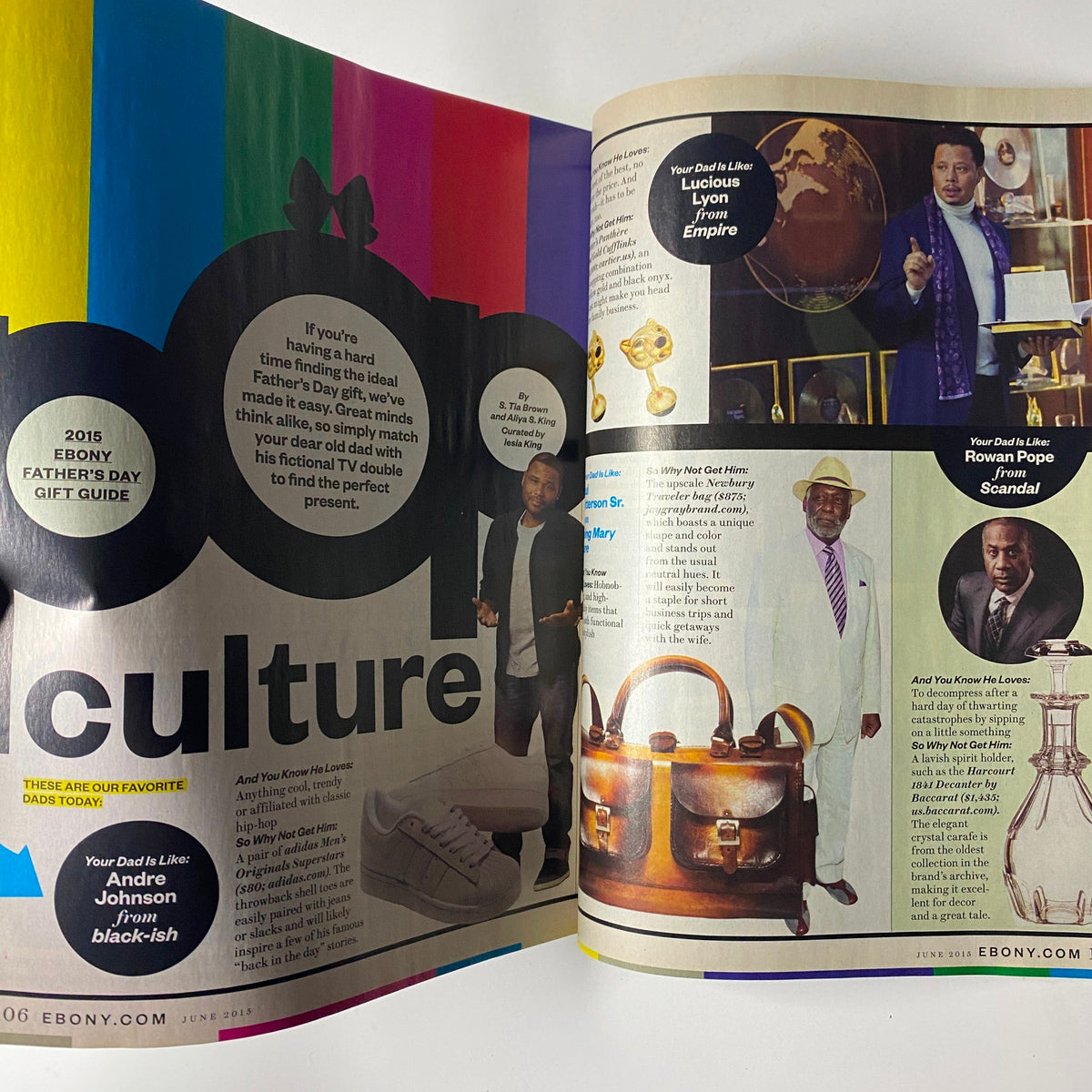 Pop Culture feature in Ebony Magazine June 2015 Vol. LXX, No. 8 showcasing Father's Day gift ideas and celebrating iconic Black dads.
