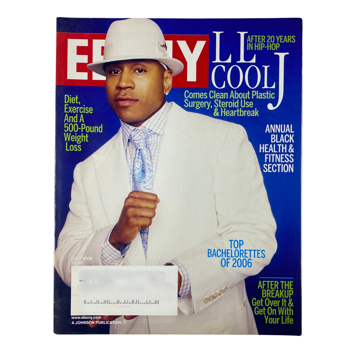 Ebony Magazine July 2006 featuring LL Cool J on the cover, showcasing his insights on personal struggles, health, and fitness, in very good condition.