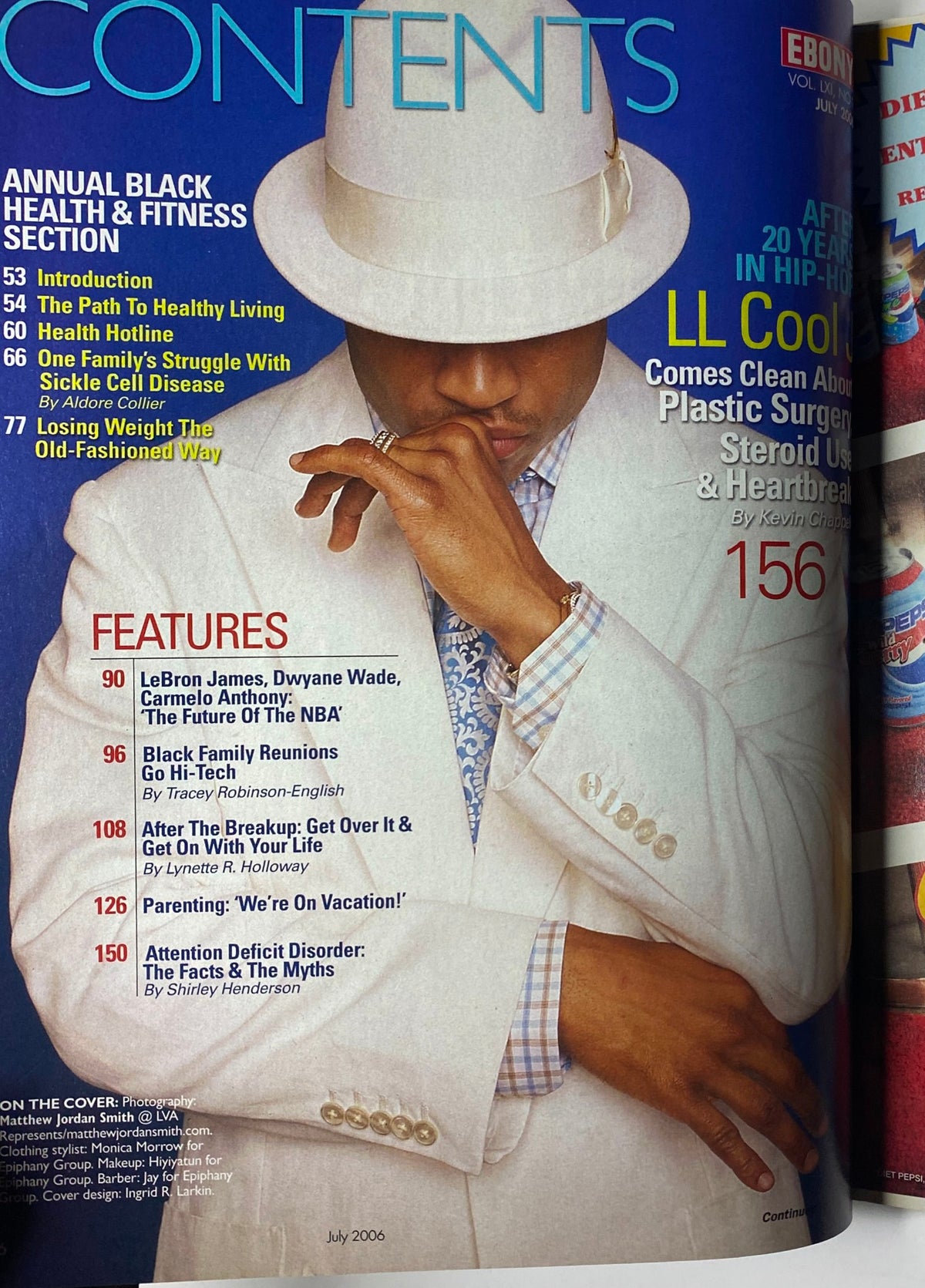 Contents page of Ebony Magazine July 2006, highlighting LL Cool J's cover story and various features on health, family, and self-improvement.