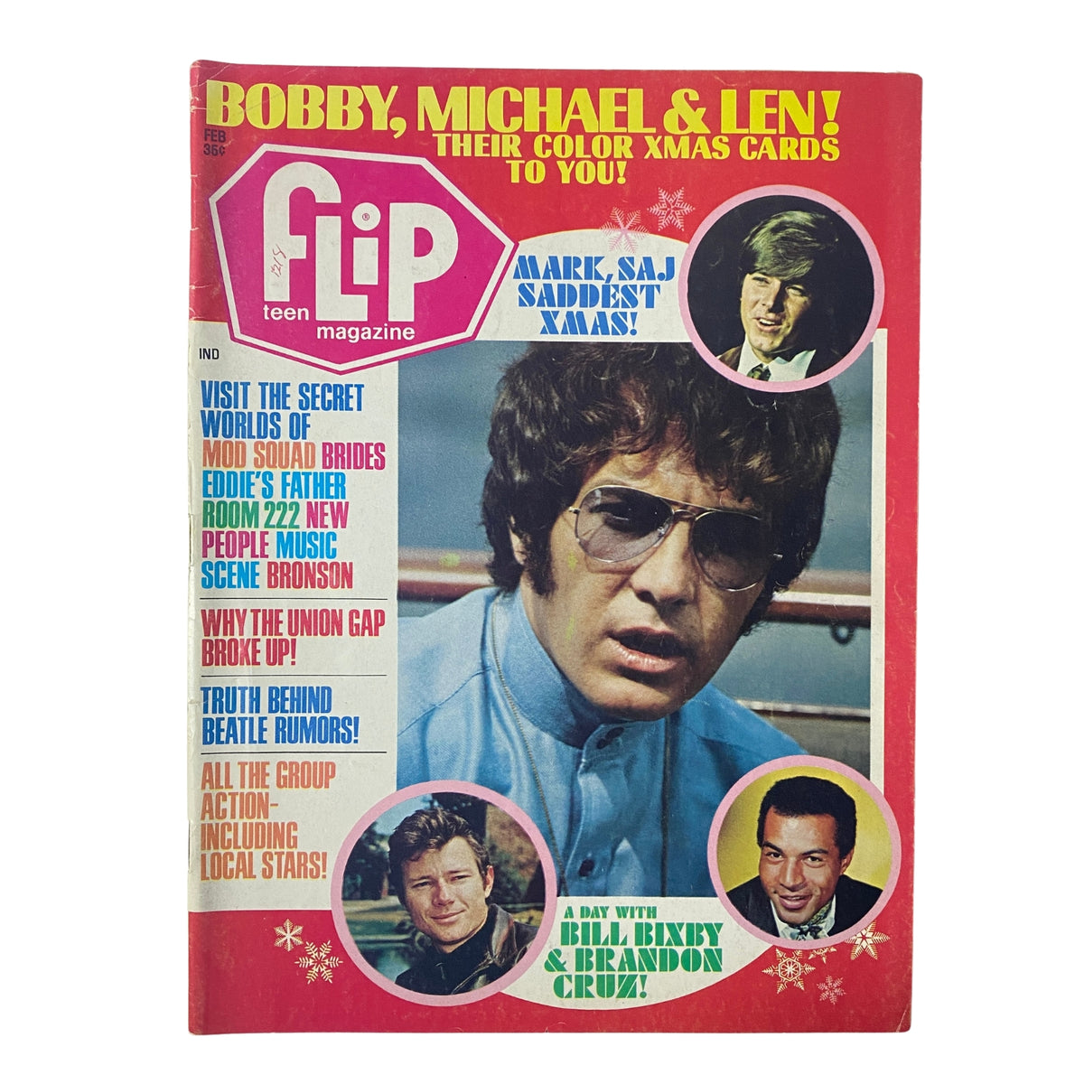 Cover of Flip Magazine February 1970 featuring Bobby Cowsill, Bill Bixby, and Brandon Cruz with a vibrant design highlighting their Christmas cards.