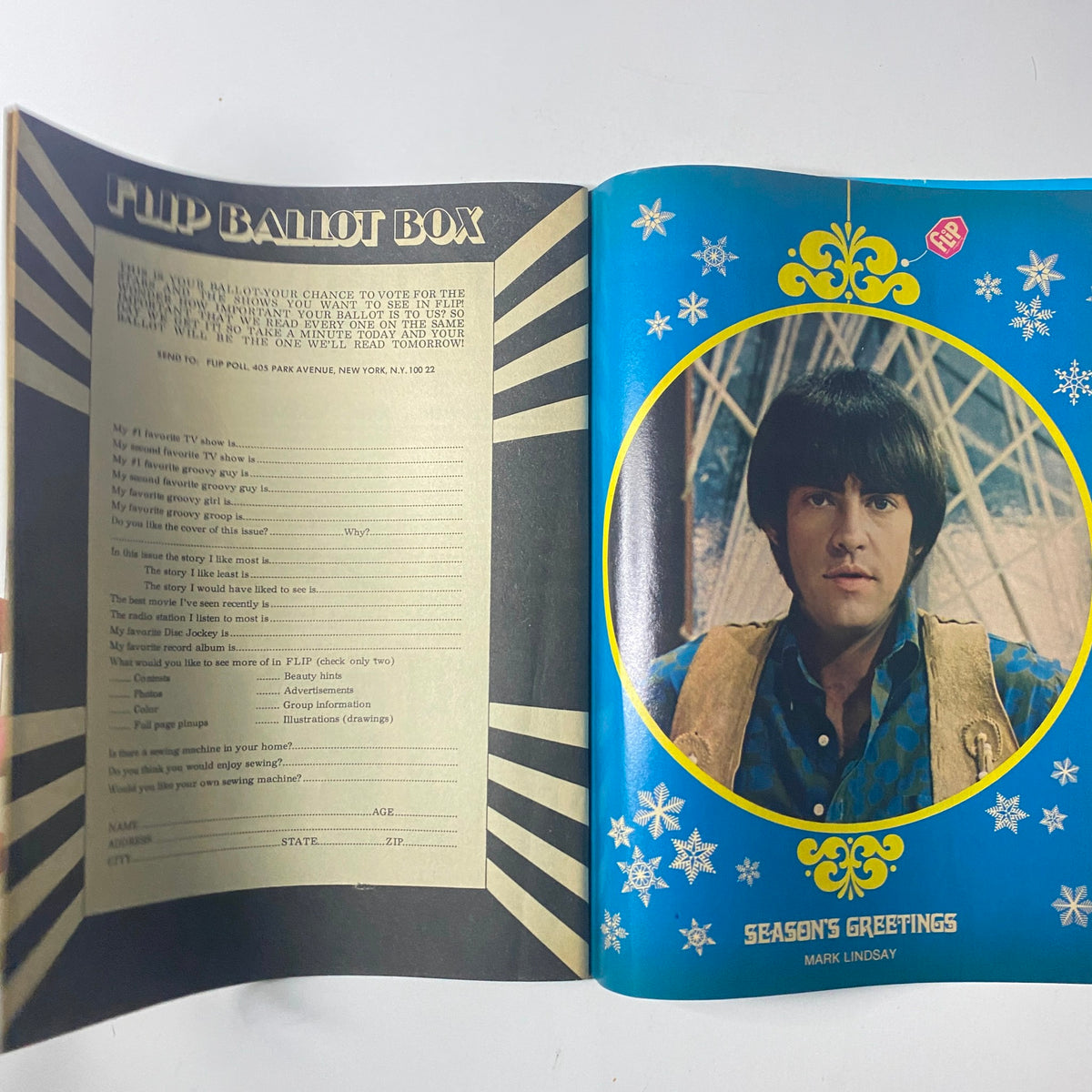 Flip Magazine February 1970 ballot box page with Mark Lindsay's greetings and voting instructions for readers.