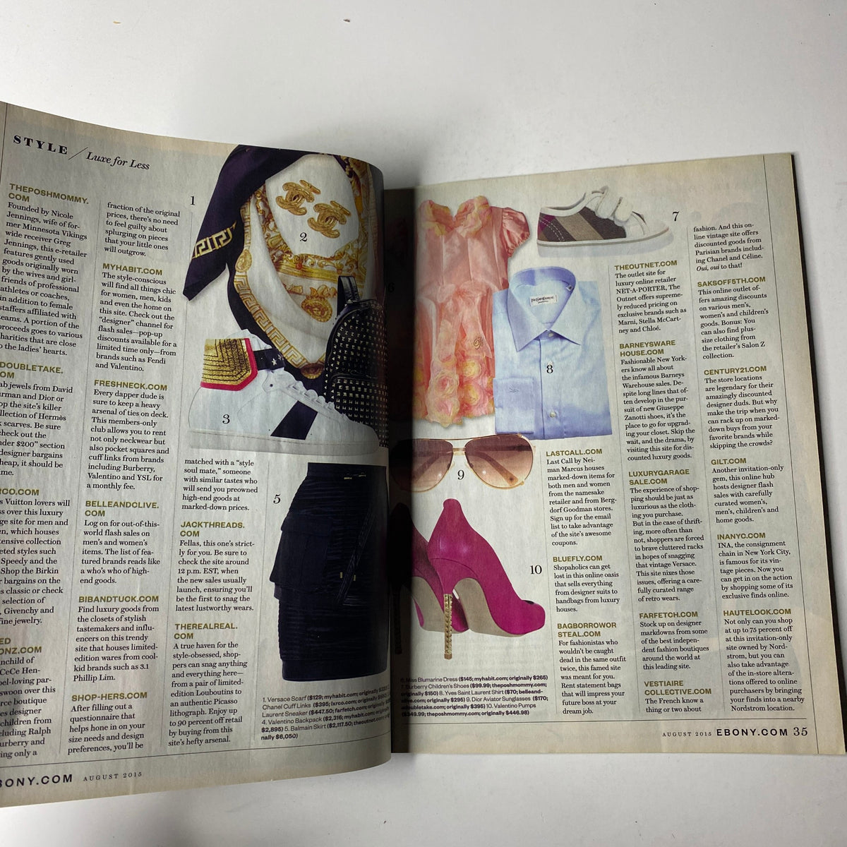 A fashion spread from Ebony Magazine August 2015 displaying stylish outfits and accessories, highlighting trends and styles for the season.