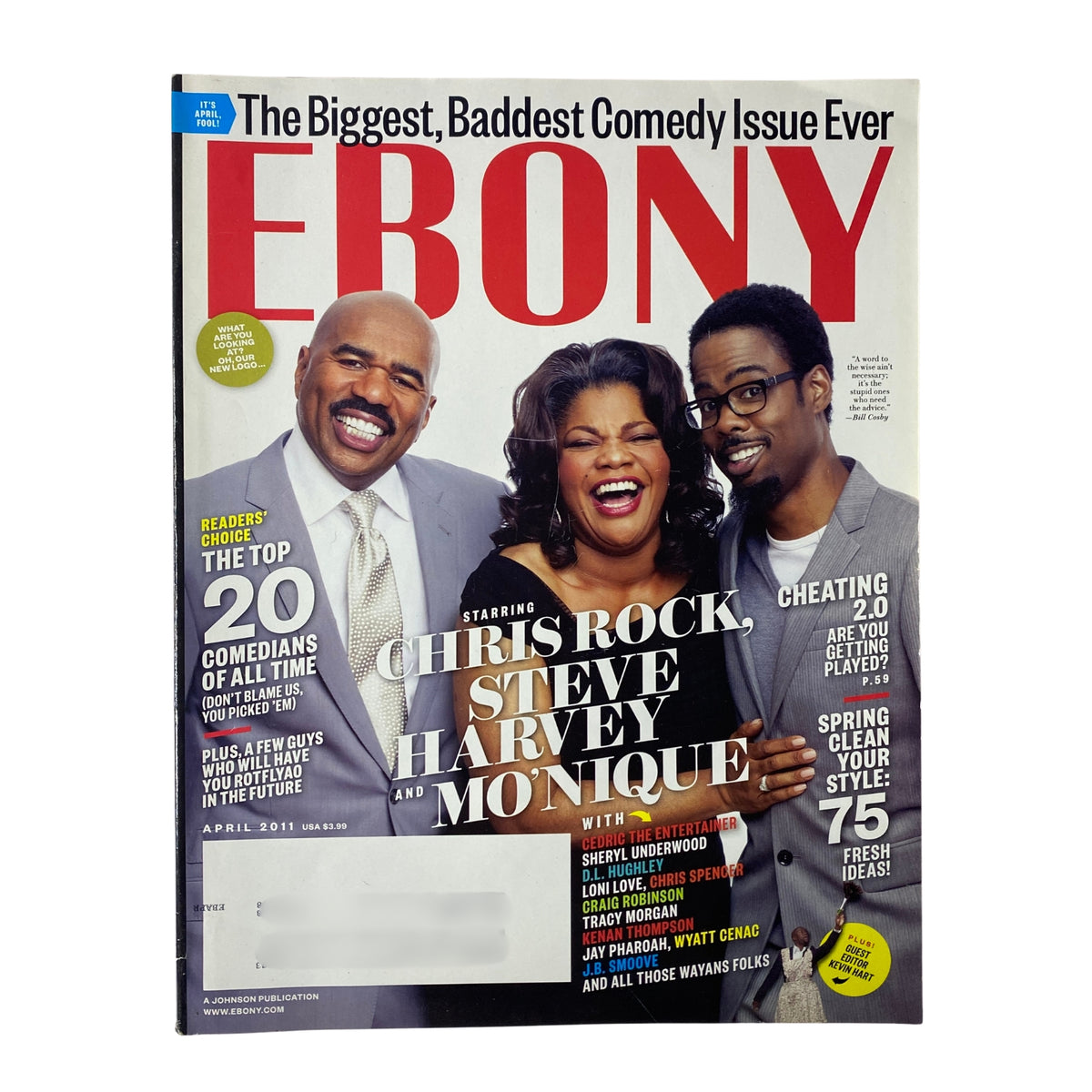 Ebony Magazine April 2011 cover featuring Chris Rock, Steve Harvey, and Mo'Nique, highlighting the comedy issue.