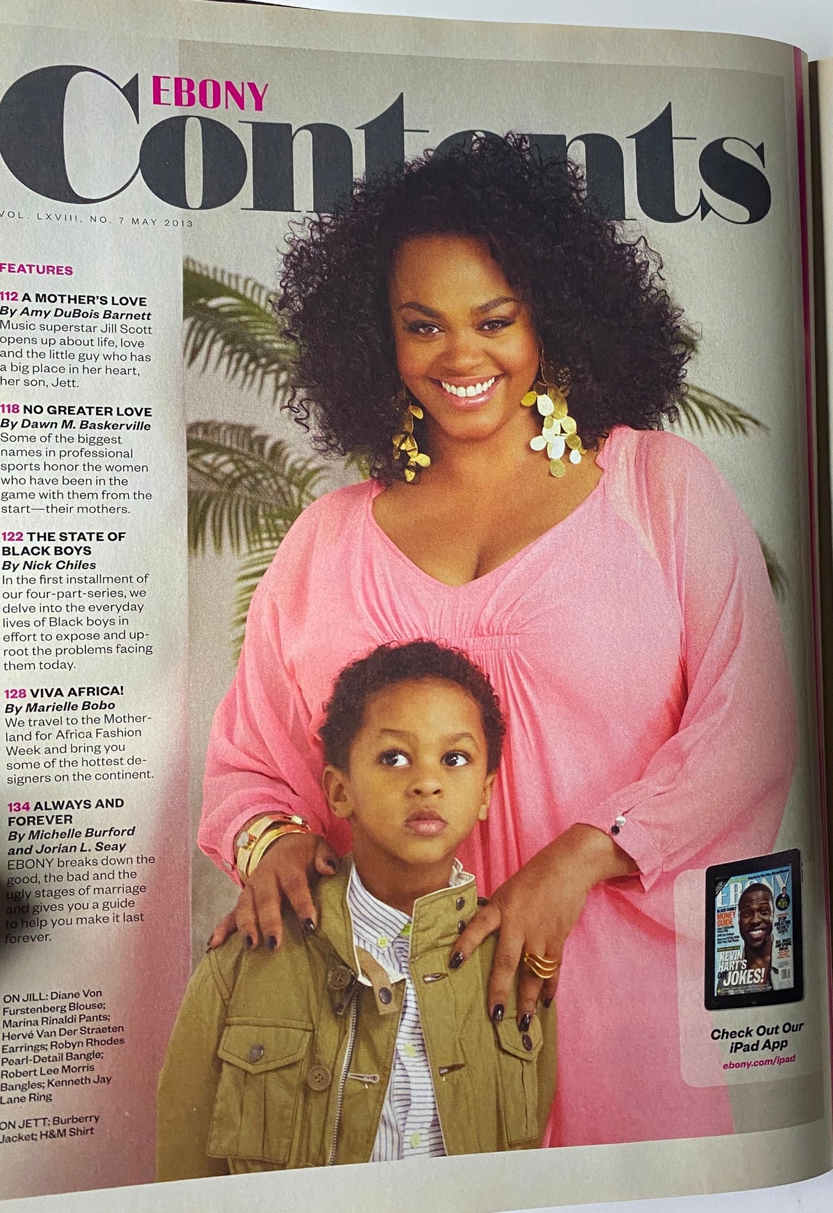 Table of contents from Ebony Magazine May 2013 Vol. LXVIII, No. 7 showcasing features including a piece by Amy DuBois Barnett about Jill Scott.