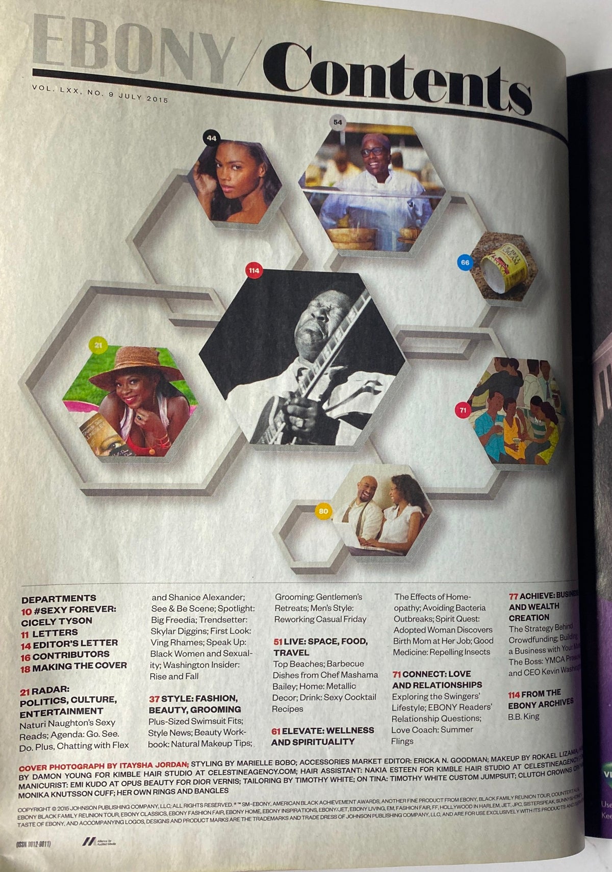Contents page of Ebony Magazine July 2015 Vol 70 No. 9, highlighting articles and features including politics, culture, and lifestyle, with a focus on Black womanhood.