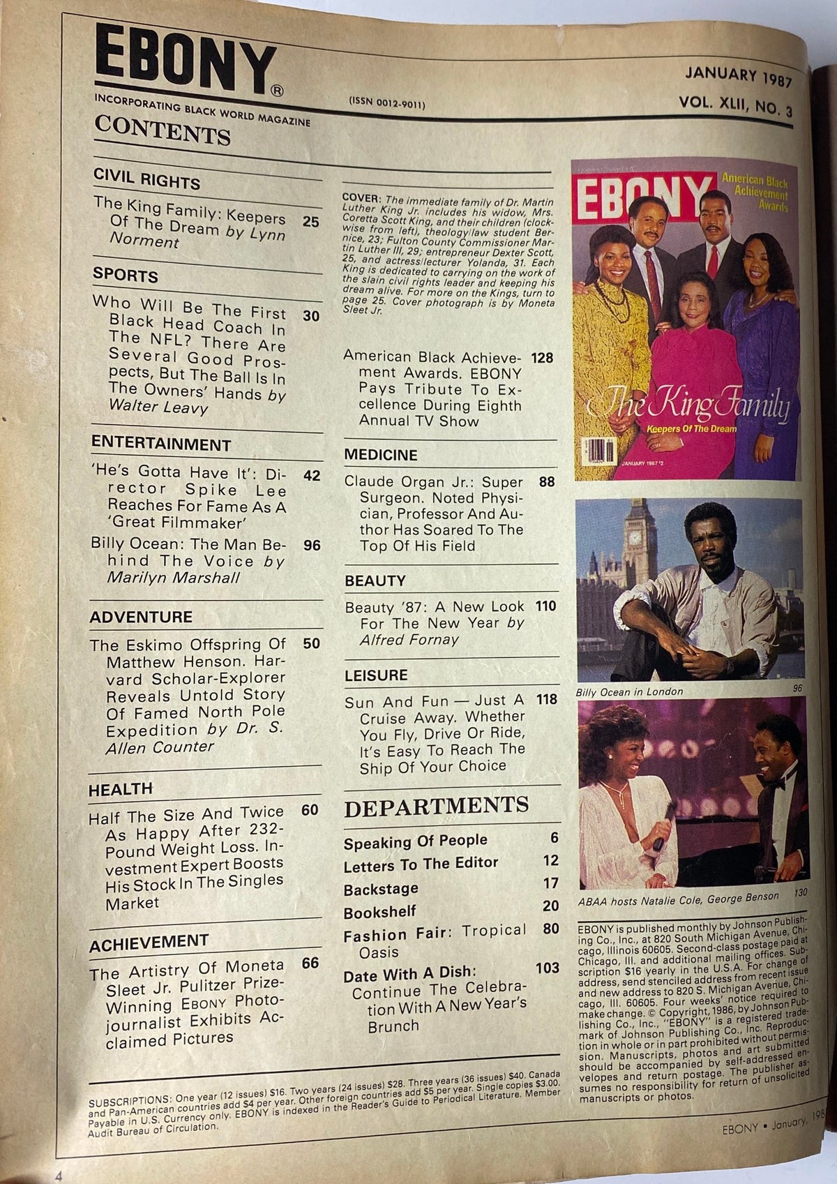 Interior page of Ebony Magazine January 1987 Vol 42 No. 3, listing contents including civil rights, entertainment, health, and achievements, highlighting The King Family.