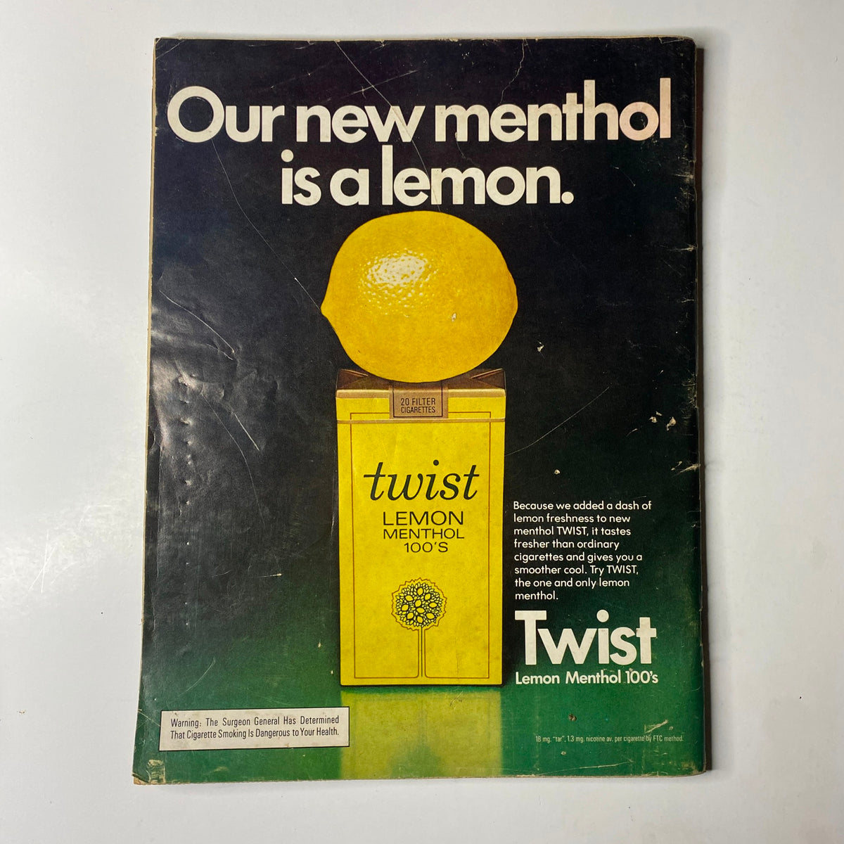 Advertisement for Twist Lemon Menthol 100's from the May 1974 issue of Ebony Magazine (Vol. 29, No. 7), highlighting the refreshing qualities of the product.