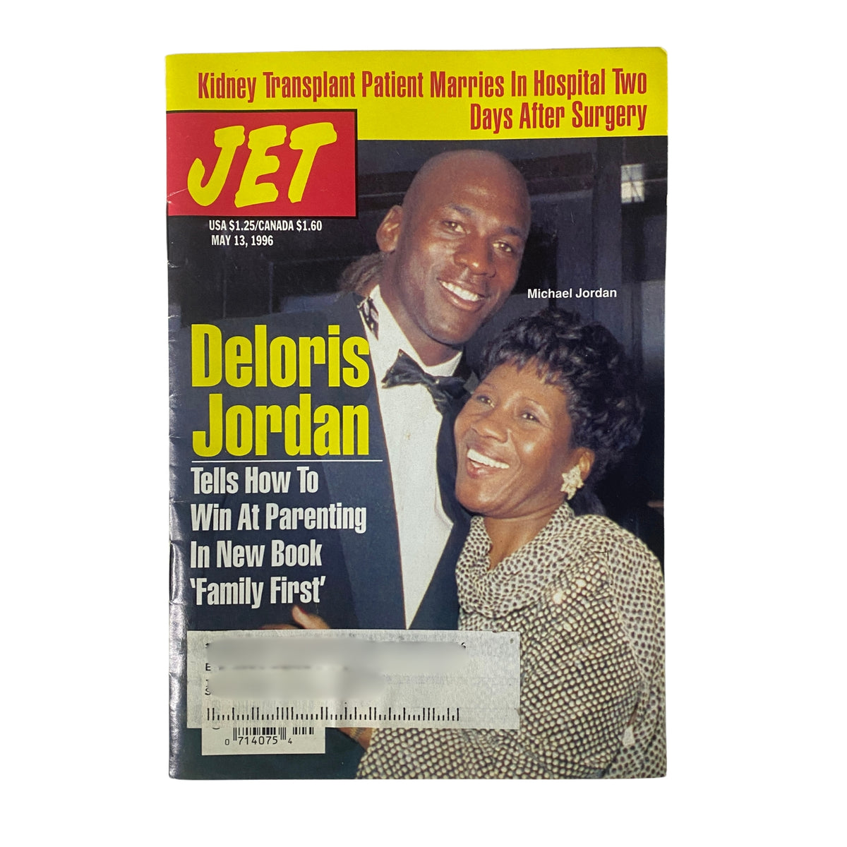 Jet Magazine cover from May 13, 1996, featuring Michael Jordan and Deloris Jordan along with the headline on parenting advice from Deloris Jordan based on her new book 'Family First'. The magazine is noted for its exploration of the bond between mother and son.
