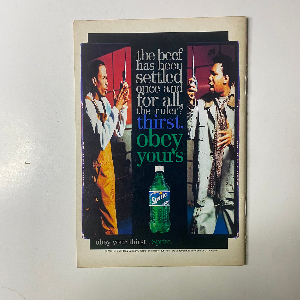 Advertisement in Jet Magazine March 25, 1996 featuring actors promoting Sprite with the tagline 'obey your thirst', showcasing a playful banter between characters.
