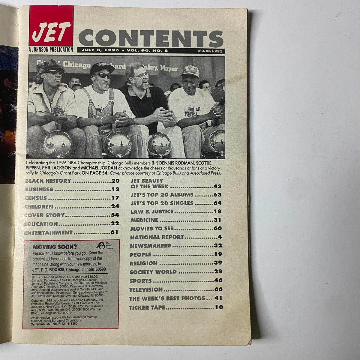 Contents page of Jet Magazine July 8, 1996 Vol. 90, No. 8, outlining articles on the Chicago Bulls Championship, Black history, and entertainment.