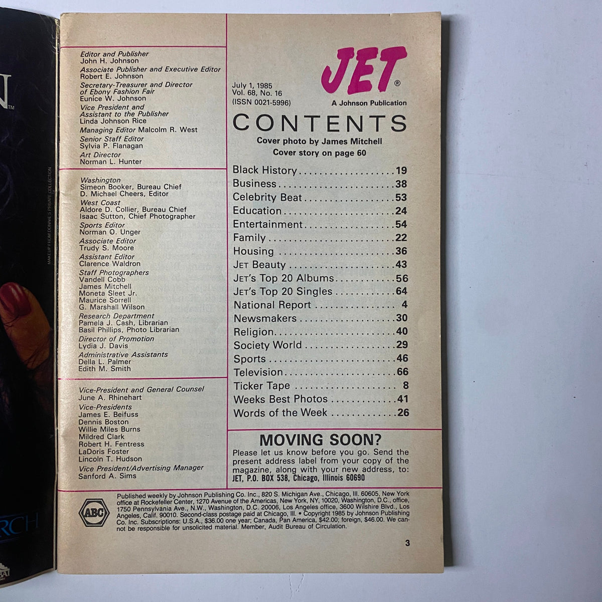 Contents page of Jet Magazine, July 1, 1985, listing articles including Black History and entertainment features.