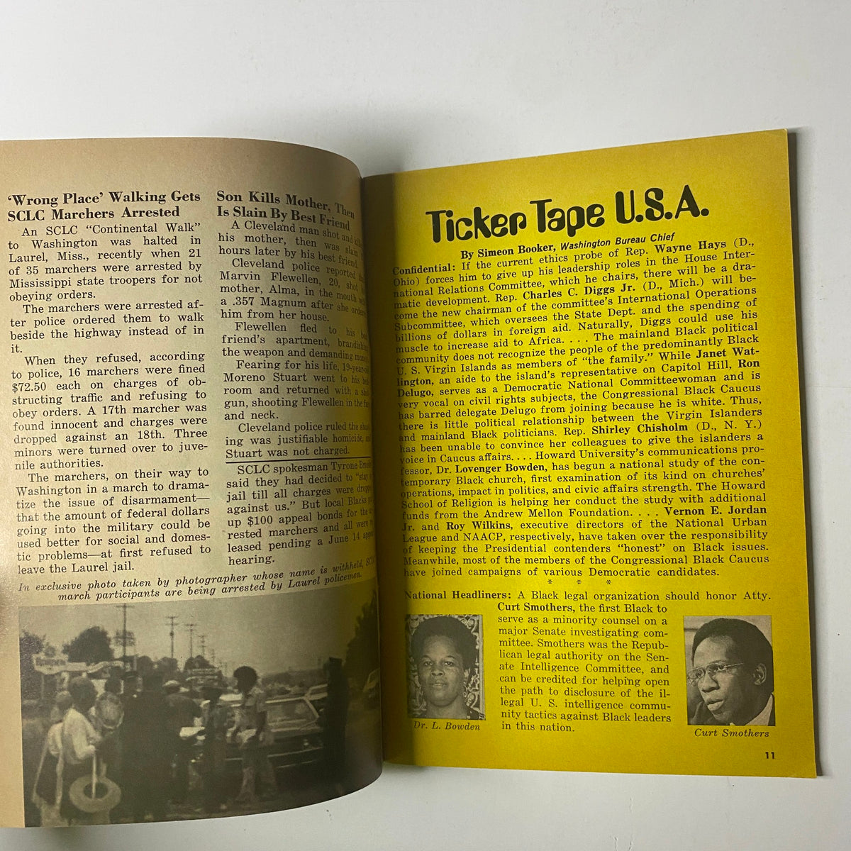 Jet Magazine June 17, 1976 Vol. 50, No. 13 Della Reese and Daughter Cover displaying a page titled 'Ticker Tape U.S.A.' discussing the Civil Rights Movement with images of historical events and prominent figures.