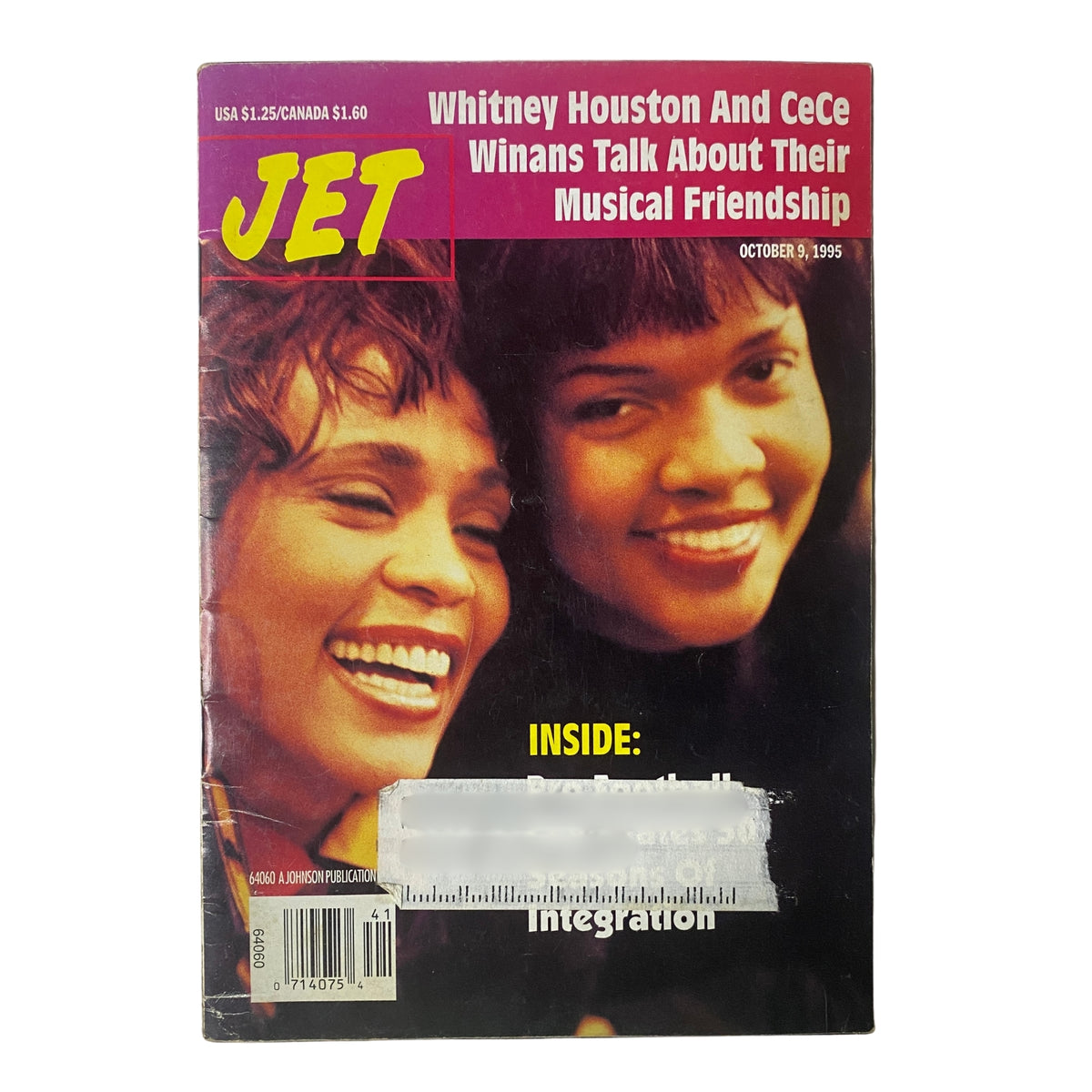 Cover of Jet Magazine October 9, 1995 featuring Whitney Houston and CeCe Winans discussing their musical friendship, Volume 88, No. 22.