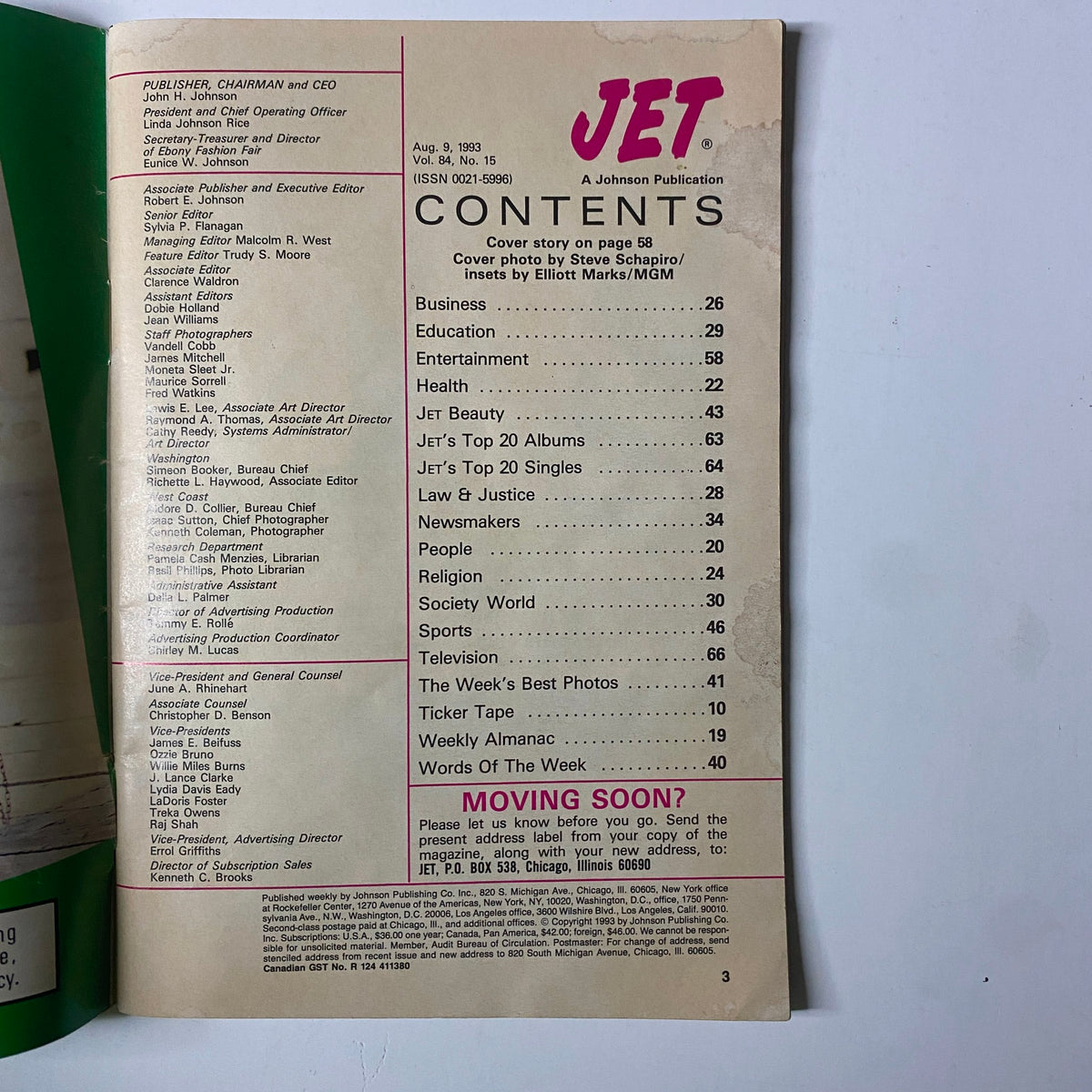 Table of contents page of Jet Magazine, August 9, 1993, detailing articles and features including entertainment, health, and profiles, capturing the essence of 90s Black media.