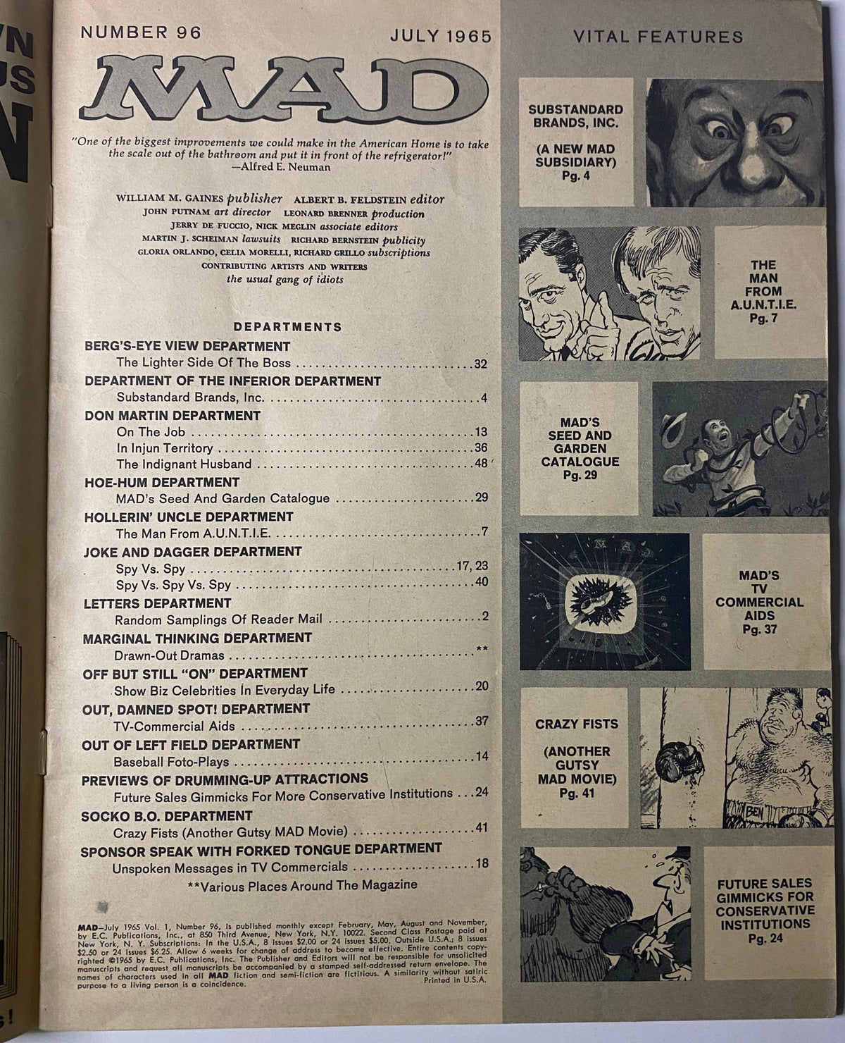 Contents page of Mad Magazine July 1965 No. 96 Middle-of-the-Road Issue, listing vital features and departments of the magazine including humorous parodies and sketches.