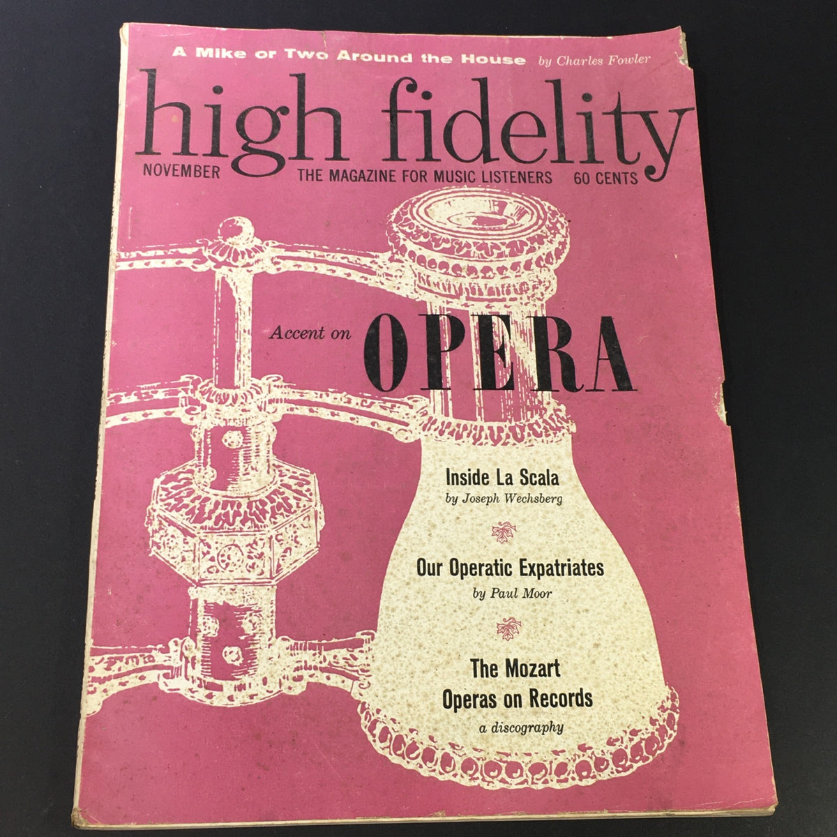 Cover of the VTG High Fidelity Music Magazine from November 1960, featuring the title 'Accent on Opera' and a spotlight on La Scala theater.