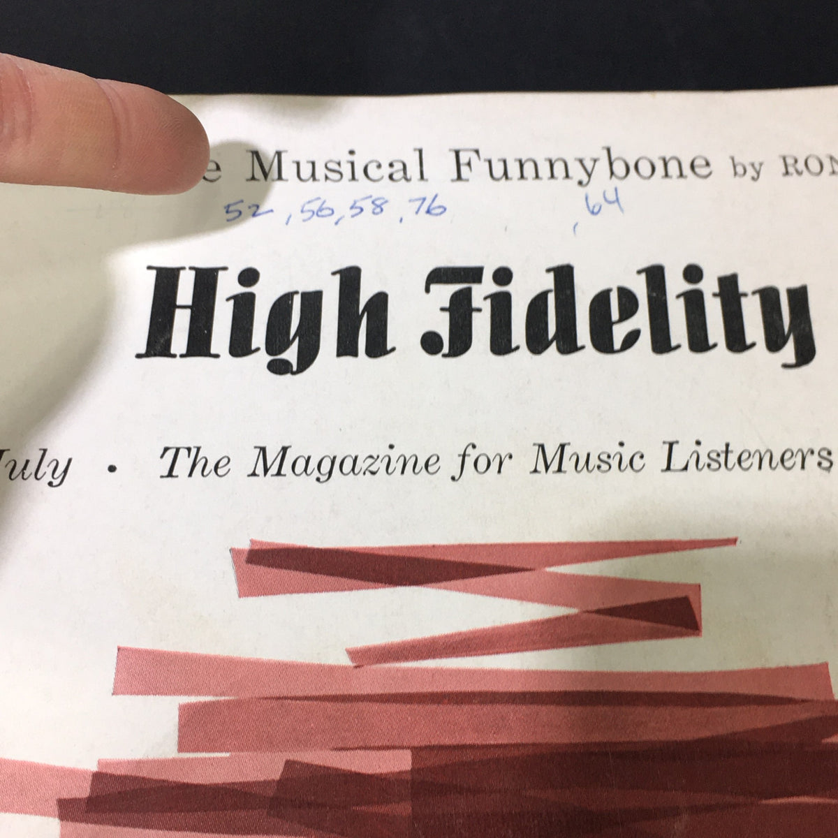 Close-up of the title VTG High Fidelity Music Magazine July 1958 showing the Musical Funnybone section.