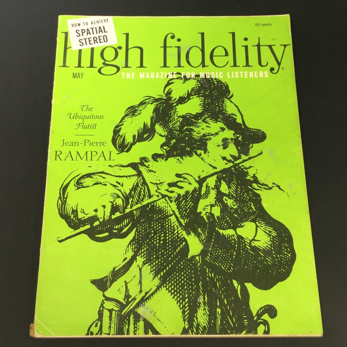 VTG High Fidelity Music Magazine Cover from May 1965 featuring Jean-Pierce Rampal, showcasing an illustration of a flutist and vintage design elements.