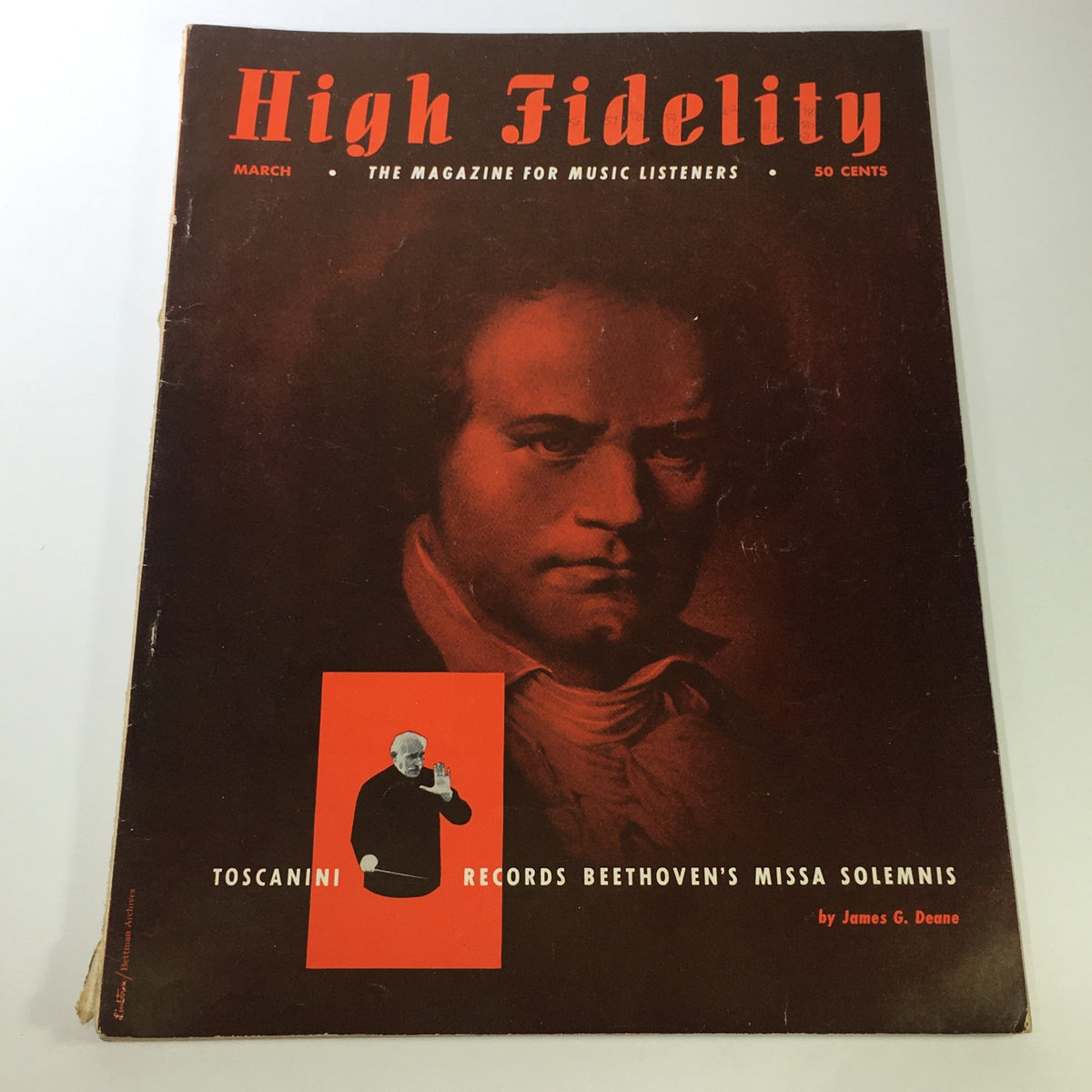 High Fidelity Music Magazine cover from March 1954 featuring Arturo Toscanini, showcasing the conductor in front of a backdrop resembling Beethoven's portrait.