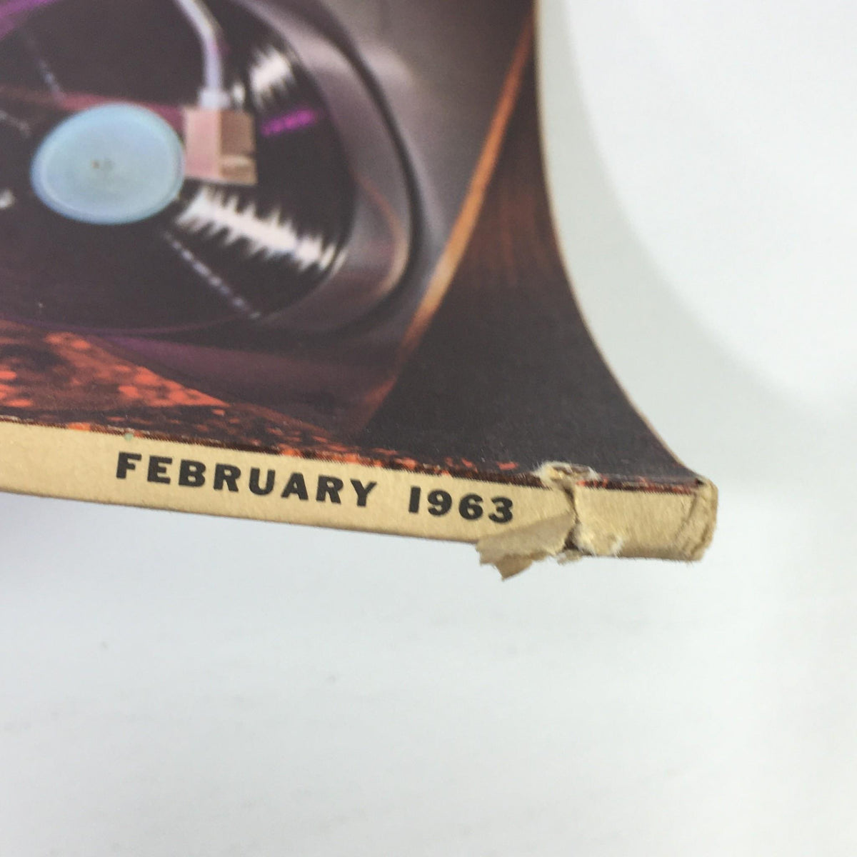 Close-up view of the February 1963 issue of VTG High Fidelity Music Magazine, showing the magazine's spine with the month and year.