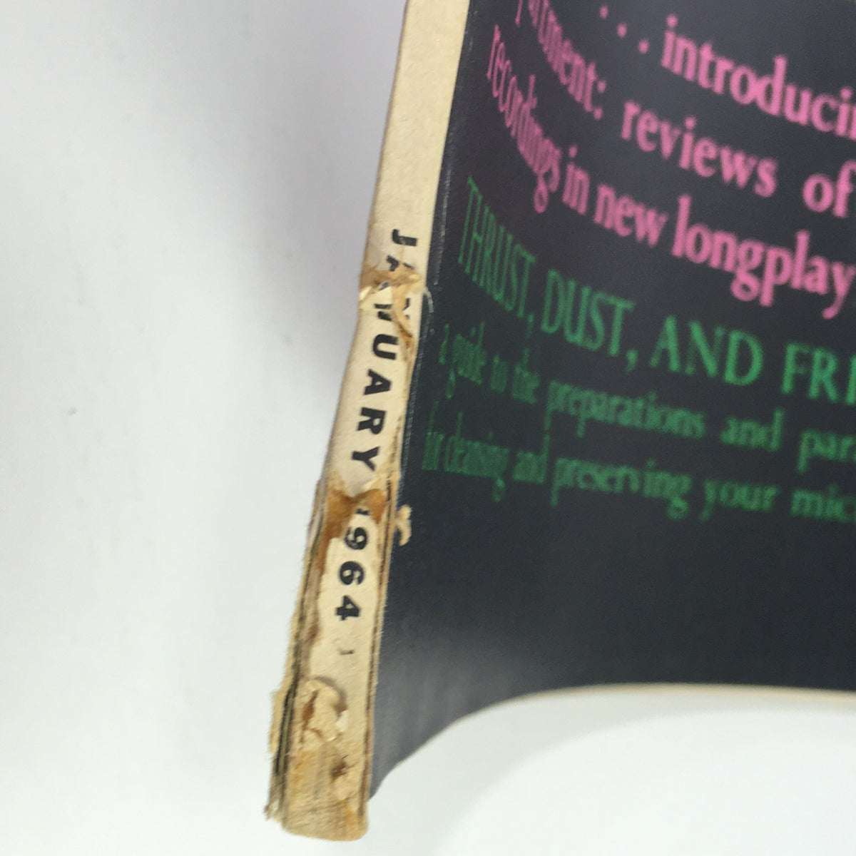 Side view of the High Fidelity Music Magazine January 1964, highlighting the publication date and vintage wear, detailing Bruno Walter's discography.
