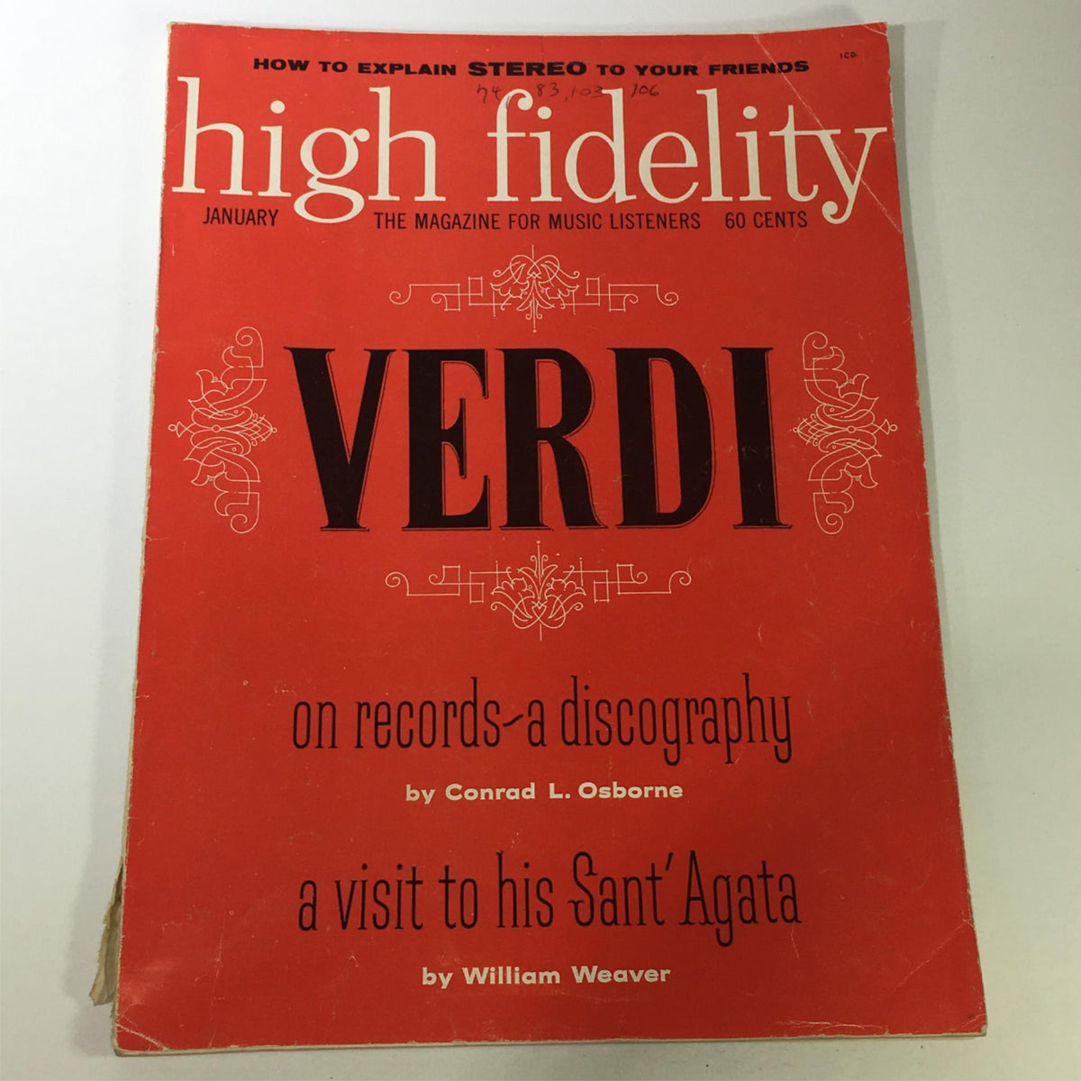 Cover of VTG High Fidelity Music Magazine January 1960 featuring Giuseppe Verdi Discography, showcasing a vibrant red design with the title 'VERDI' and articles related to Verdi's works.