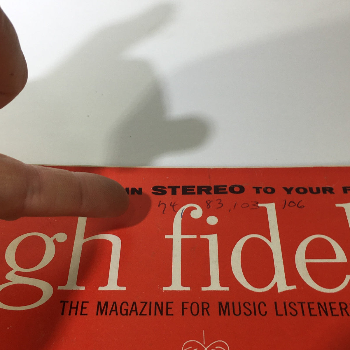 Close-up view of the vintage High Fidelity Music Magazine from January 1960, featuring handwritten notes on the cover, highlighting its historical significance and collectible nature.