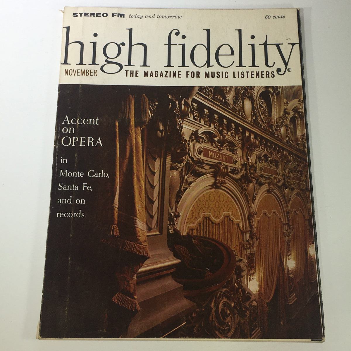 Cover of the VTG High Fidelity Music Magazine November 1964, featuring 'Accent on Opera in Monte Carlo'. The magazine showcases ornate architectural details and highlights classical music and operatic performances.