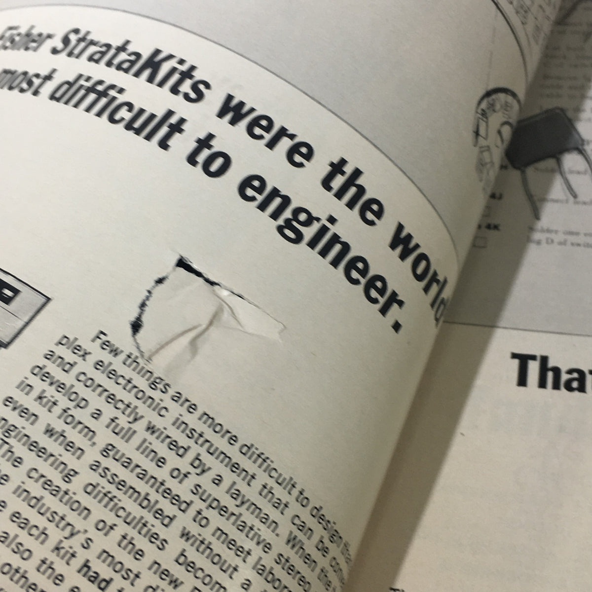 Close-up of a page from VTG High Fidelity Music Magazine May 1962 discussing Fisher StrataKits, showcasing the challenges in engineering electronic instruments.