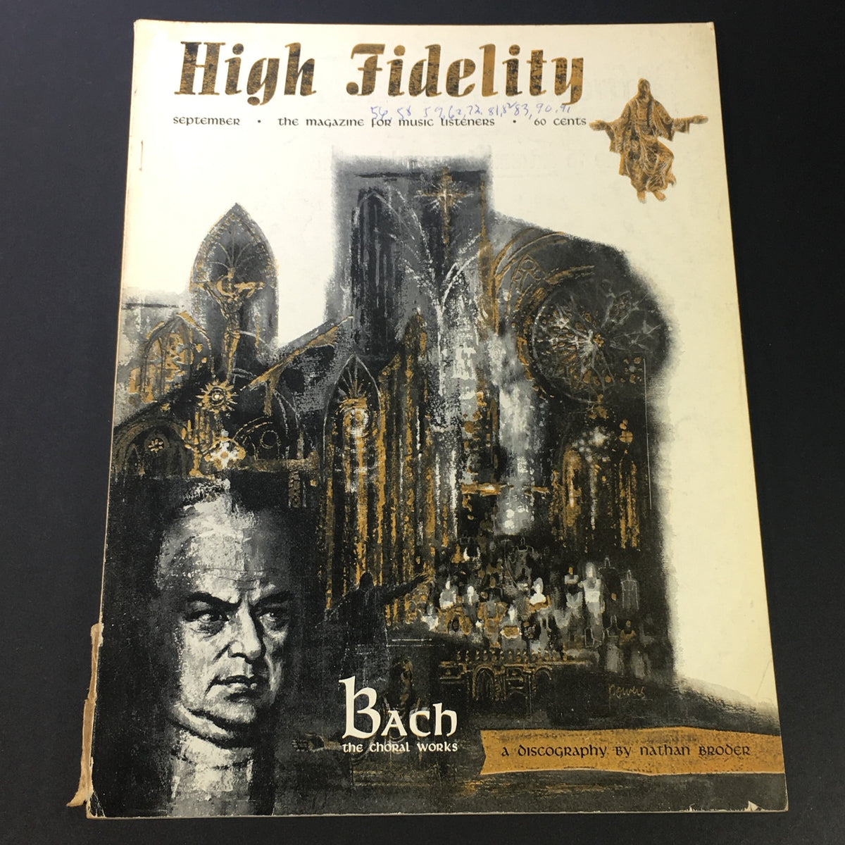 Cover of the VTG High Fidelity Music Magazine from September 1955 featuring Johann Sebastian Bach's works and artistic design with a gothic theme.