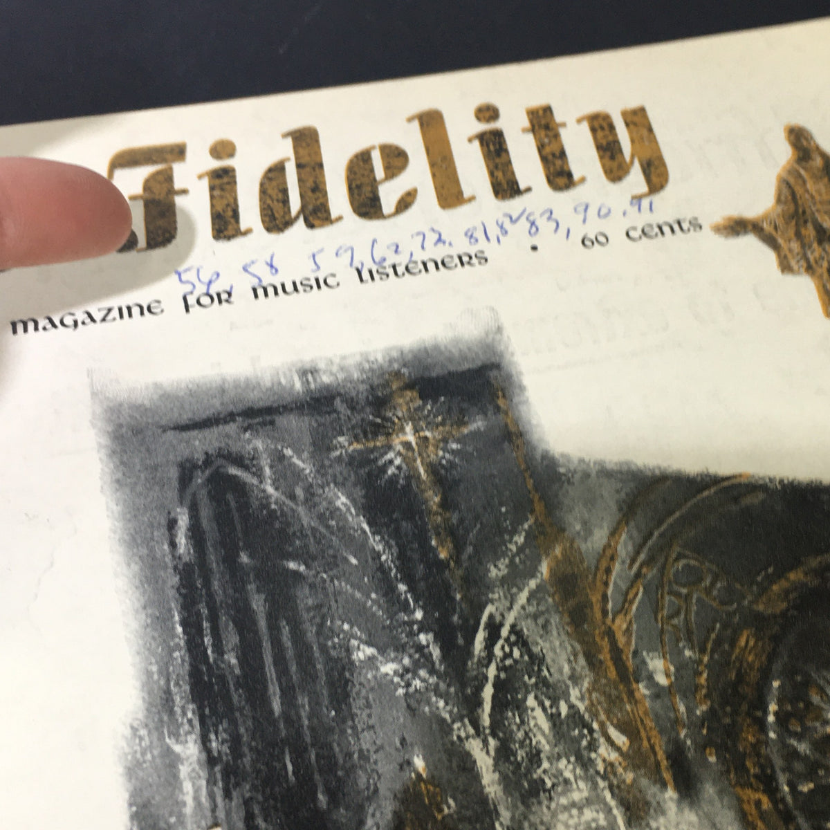 Close-up of the magazine title 'Fidelity' on the cover of the VTG High Fidelity Music Magazine, September 1955, emphasizing its connection to music history.