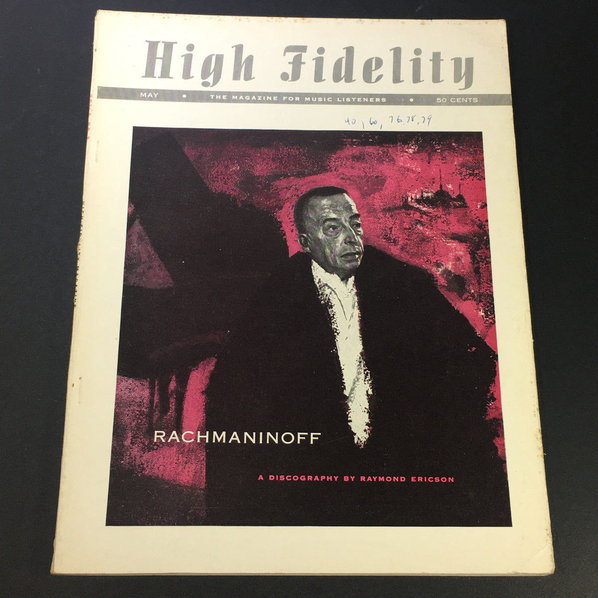Cover of the VTG High Fidelity Music Magazine from May 1955 featuring a vibrant artwork of composer Sergei Rachmaninoff, showcasing the title 'Rachmaninoff' and stating 'A Discography by Raymond Ericson'.