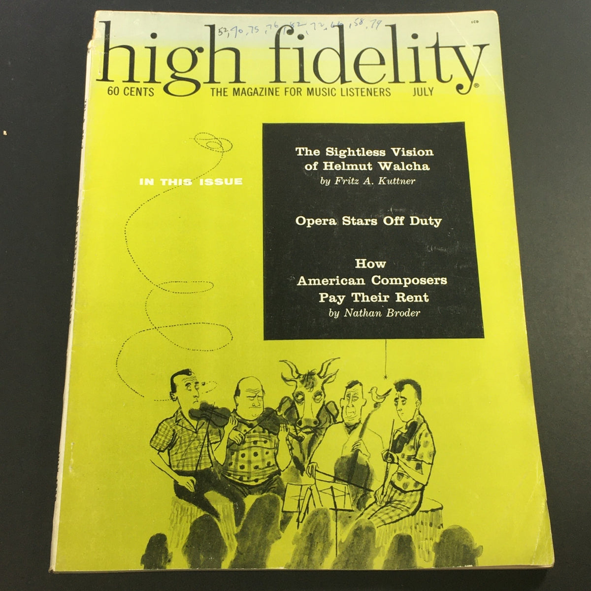 Cover of the VTG High Fidelity Music Magazine July 1959 featuring the article 'The Sightless Vision of Helmut Walcha' and illustrations of musicians.