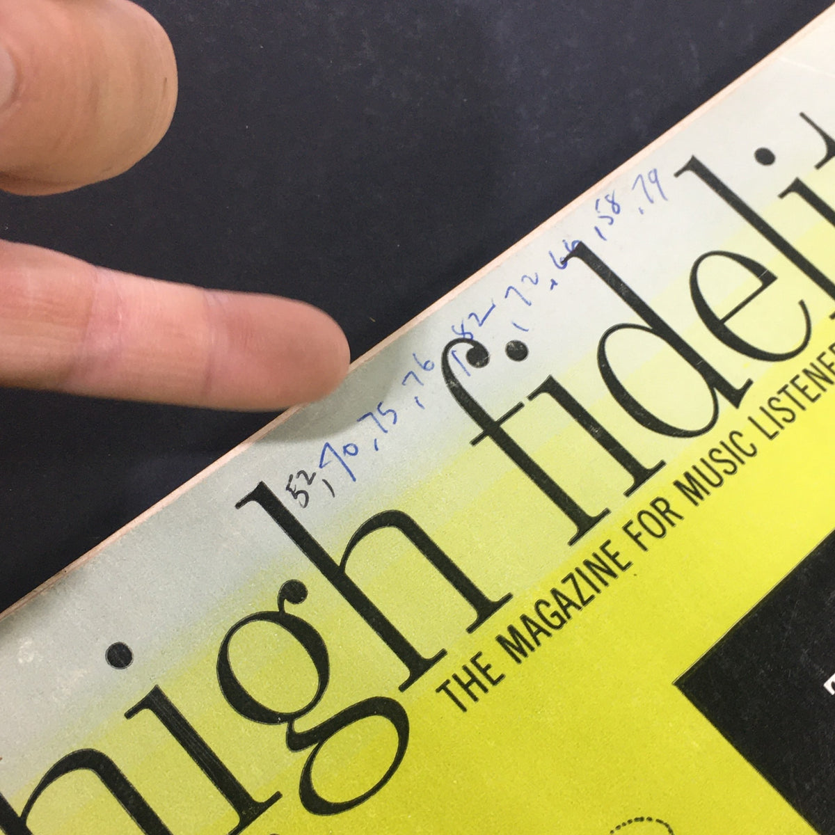Close-up of the top section of the VTG High Fidelity Music Magazine July 1959 showing handwritten notes and the magazine title.