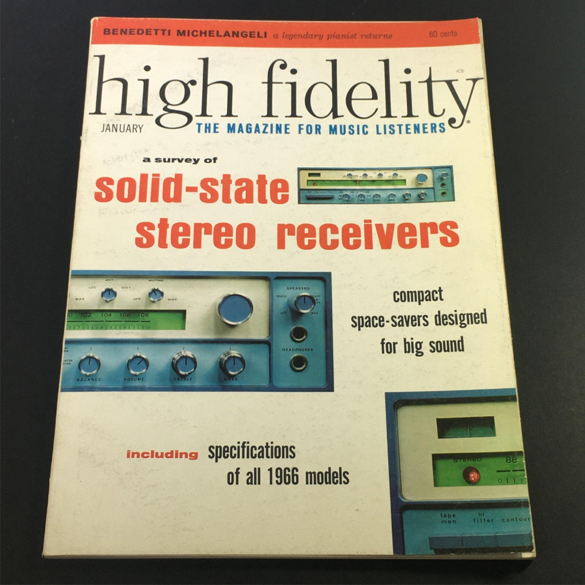 High Fidelity Music Magazine January 1966 cover featuring a survey of solid-state stereo receivers. The cover displays vintage audio equipment with knobs and dials, emphasizing compact designs for rich sound and specifications for all 1966 models.