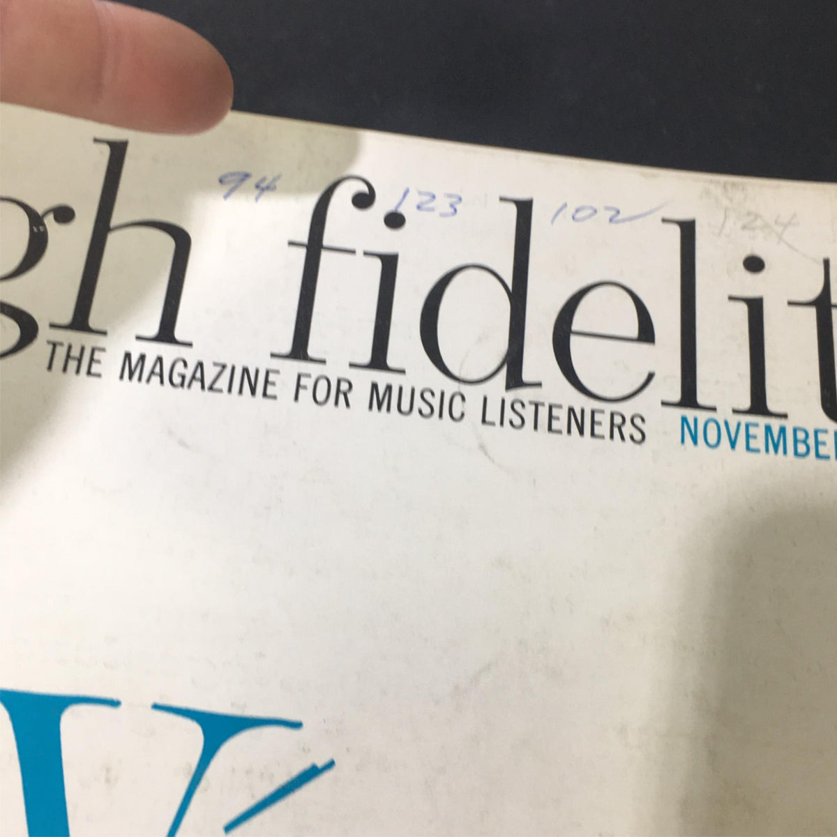 Detailed view of the top section of the VTG High Fidelity Music Magazine from November 1959, highlighting the title and publication details.