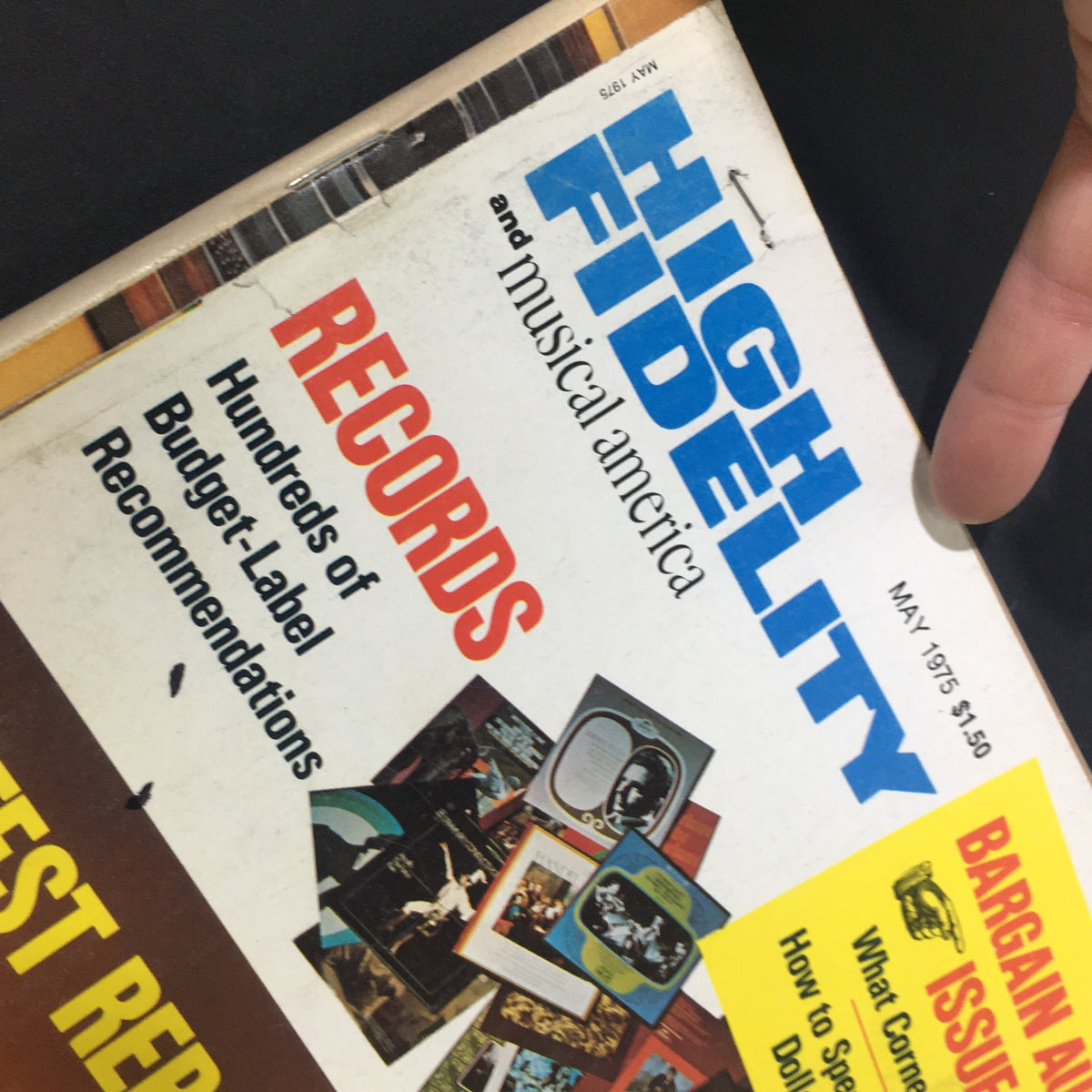 Close-up of the cover of VTG High Fidelity Music Magazine May 1975 - Bargain Audio Issue showcasing the title, records section, and promotional label highlighting budget audio recommendations.