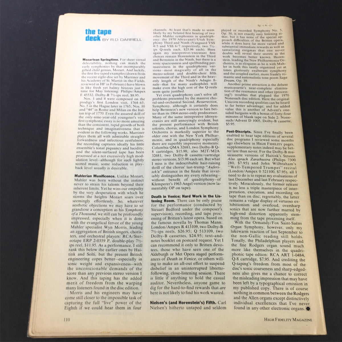 Inside page of VTG High Fidelity Music Magazine May 1975 - Bargain Audio Issue displaying an article about audio equipment, featuring text and therapeutic insights on modern audio technology.