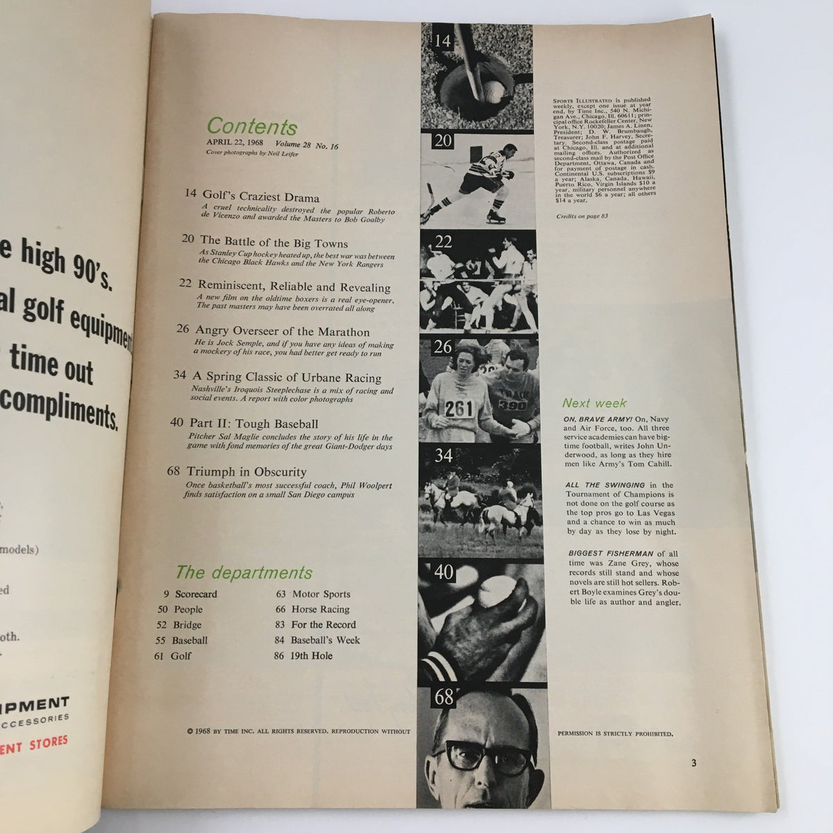 Contents page of Sports Illustrated Magazine April 22, 1968, listing articles including 'Golf's Craziest Drama' and highlights of the sports scene.