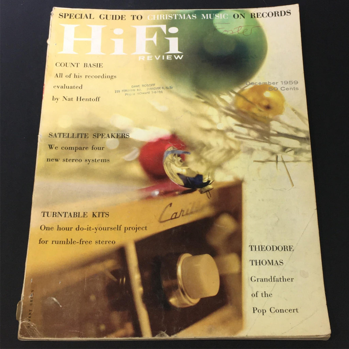 Cover of VTG HiFi Review Magazine from December 1959 featuring Theodore Thomas and the Grandfather Pop Concert, showcasing festive imagery and magazine features like Count Basie and satellite speakers.