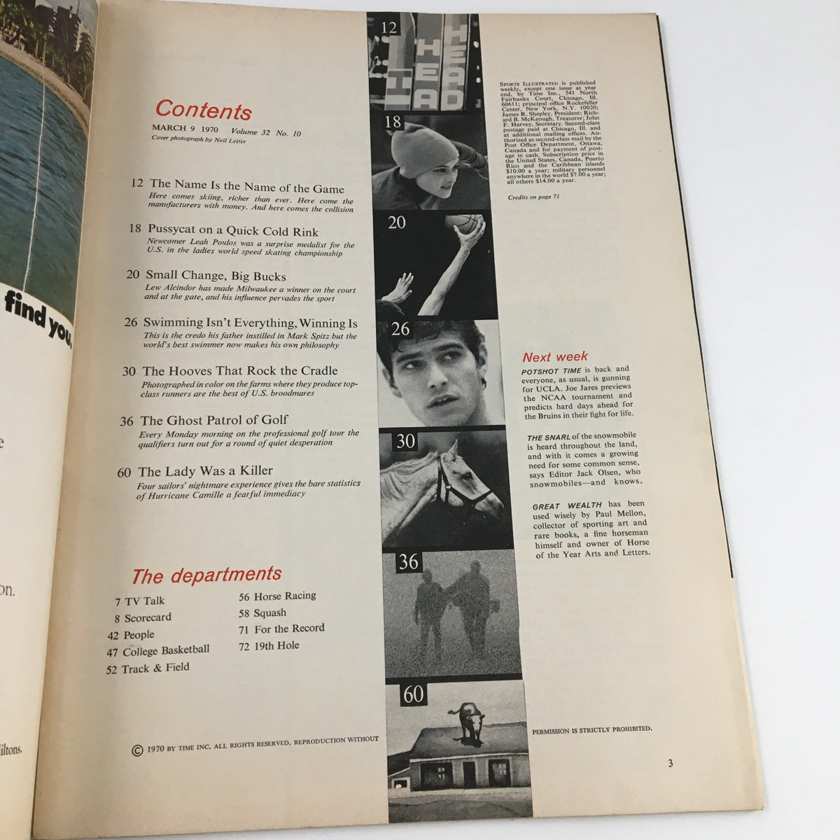 Contents page of Sports Illustrated Magazine, March 9, 1970, detailing various articles and features including basketball and sports culture.