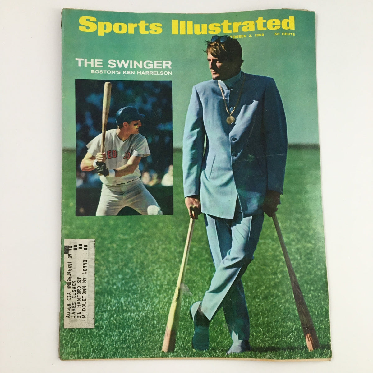 Sports Illustrated Magazine from September 2, 1968 featuring Boston's Ken Harrelson on the cover, showcasing the dynamic career of 'The Swinger' along with a baseball player in action.