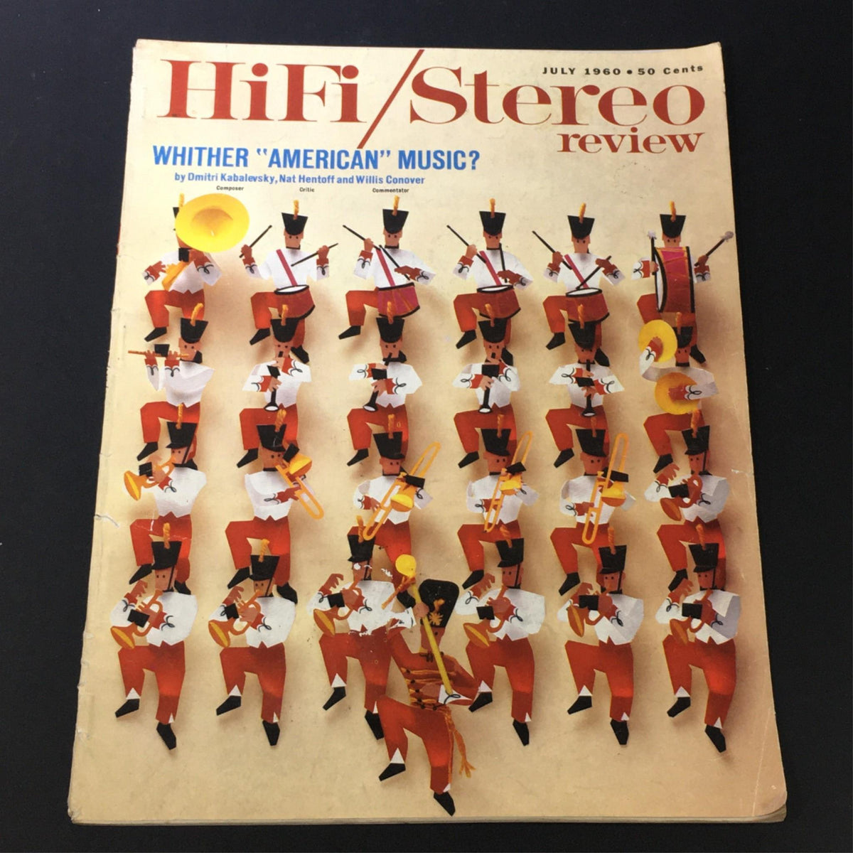 Cover of the VTG HiFi Stereo Review Magazine from July 1960 featuring artistic illustrations of musicians, with the headline 'Whither "American" Music?' included.