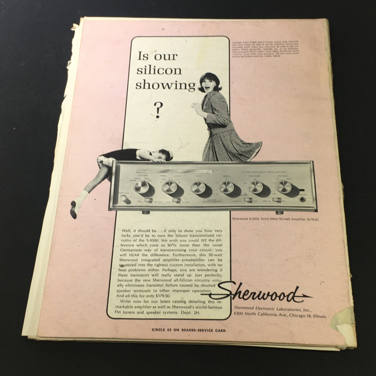 Back cover of VTG High Fidelity Music Magazine February 1965 featuring an advertisement for Sherwood electronics, showcasing vintage marketing style and product design.