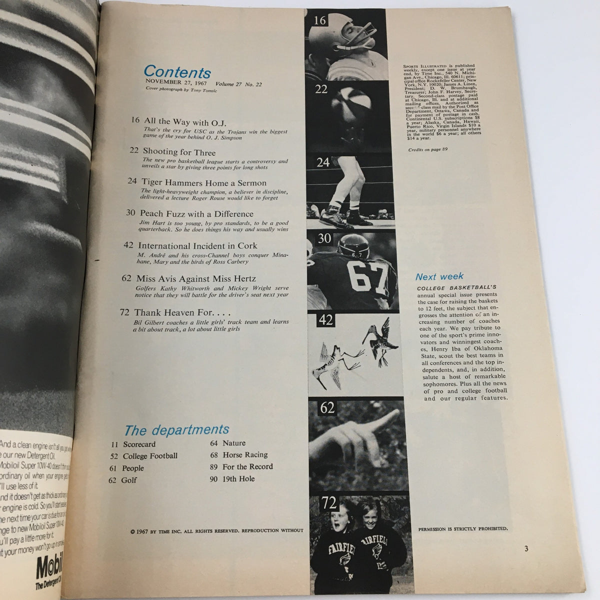 Interior page of Sports Illustrated Magazine from November 27, 1967, featuring contents including articles on Jim Hart, college basketball, and various sports topics.
