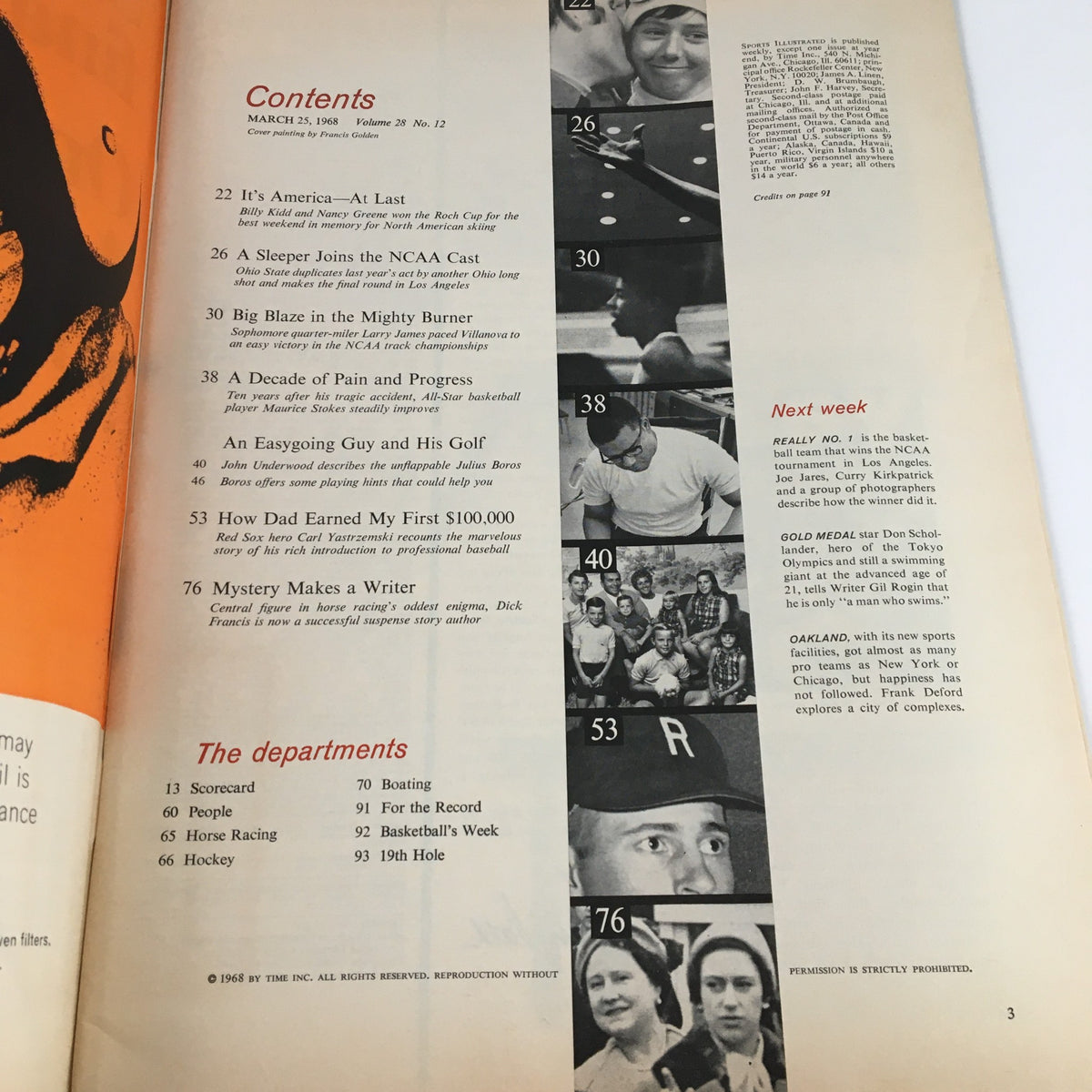 Contents page of Sports Illustrated Magazine from March 25, 1968, outlining key articles including 'An Easygoing Guy and His Golf' by John Underwood highlighting insights from Julius Boros.